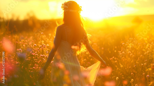 Boho bunny in a flowing maxi dress, sporting flower crown, amidst a wildflower meadow backdrop, lit with golden sunset, emanating whimsical charm and free-spirited style