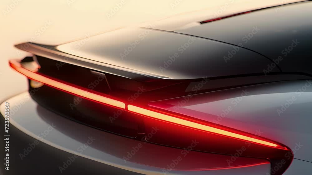 Detail shot of an electric cars rear showcasing the shape and design of the taillights and spoiler which are specifically crafted to enhance aerodynamics and reduce drag while Detail shot of an electric cars rear showcasing the shape and design of the taillights and spoiler which are specifically crafted to enhance aerodynamics and reduce drag while