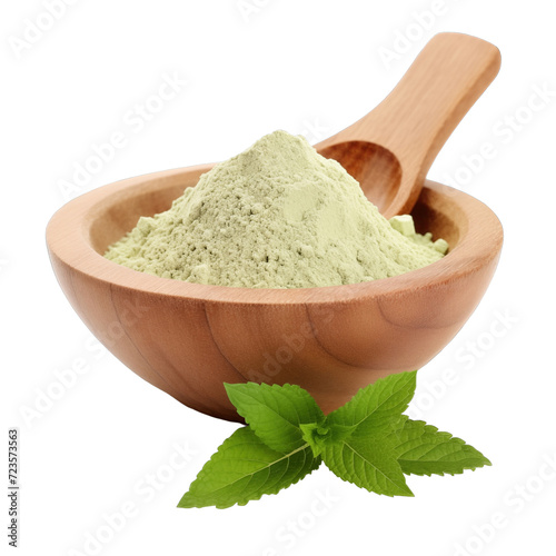 pile of finely dry organic fresh raw stevia leaf powder in wooden bowl png isolated on white background. bright colored of herbal, spice or seasoning recipes clipping path. selective focus photo