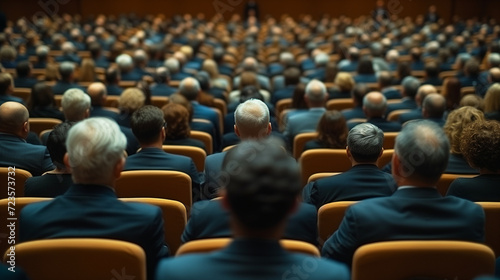 Audience in suits listens attentively at a business conference, focus on one man's head from the back