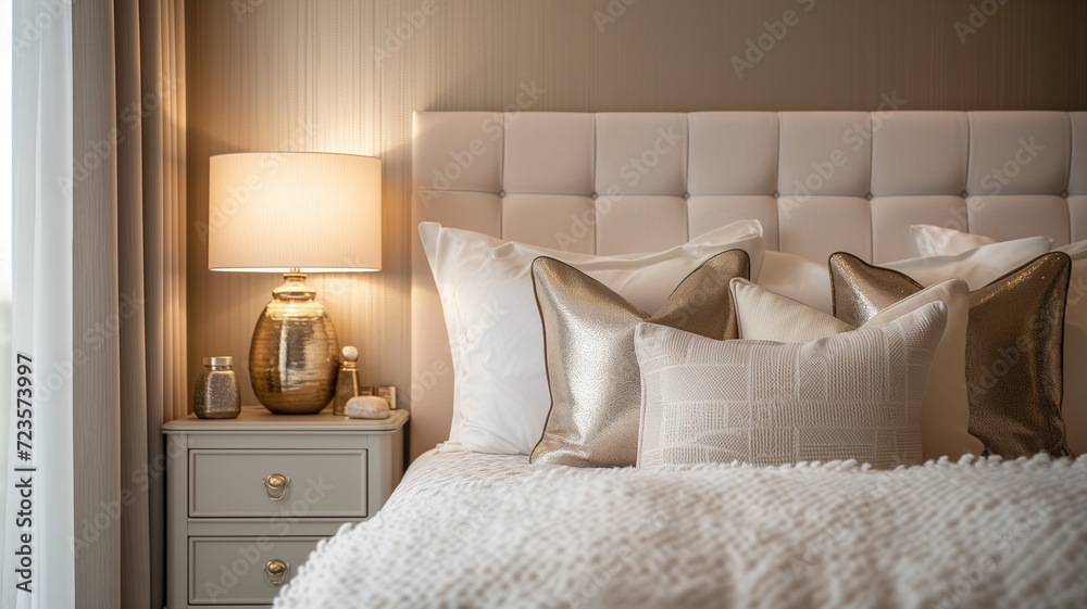 spacious and elegantly designed luxury bedroom with a large comfortable bed - obrazy, fototapety, plakaty 