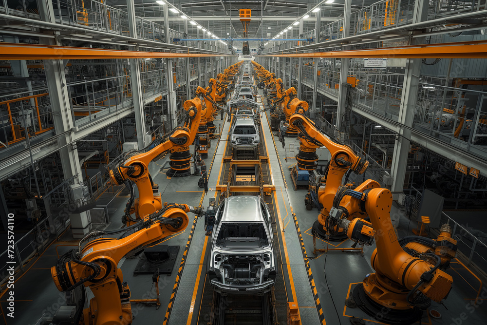 automotive assembly line, where a series of orange industrial robots are intricately assembling a car with precision automotive assembly line, where a series of orange industrial robots are intricately assembling a car with precision