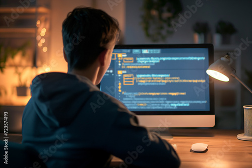  programmer is immersed in lines of code on his computer screen, illuminated only by the soft glow of a desk lamp