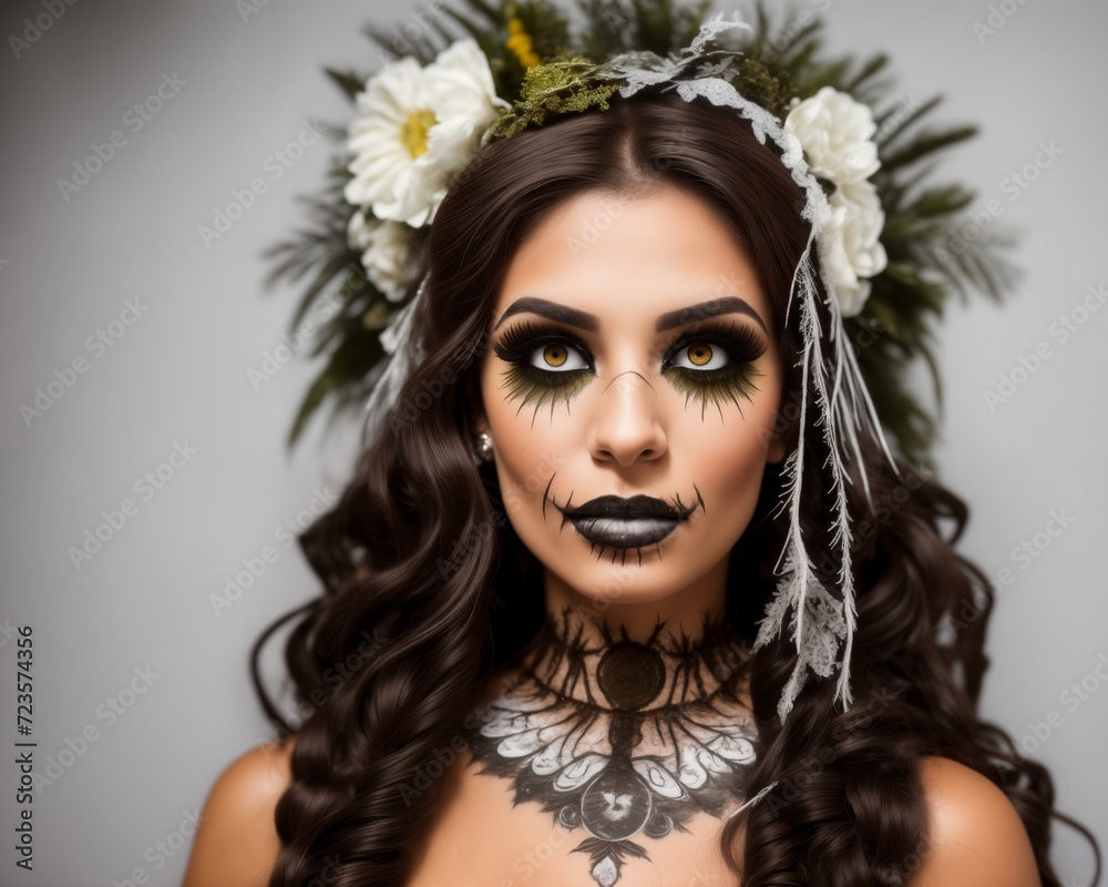 Portrait of a beautiful young woman with Halloween make-up and flowers in her hair. Portrait of a beautiful young woman with Halloween make-up and flowers in her hair.