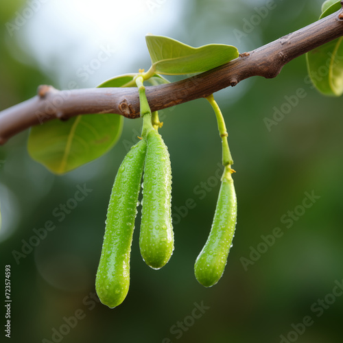 Photographie close-up of a fresh ripe finger lime hang on branch tree
