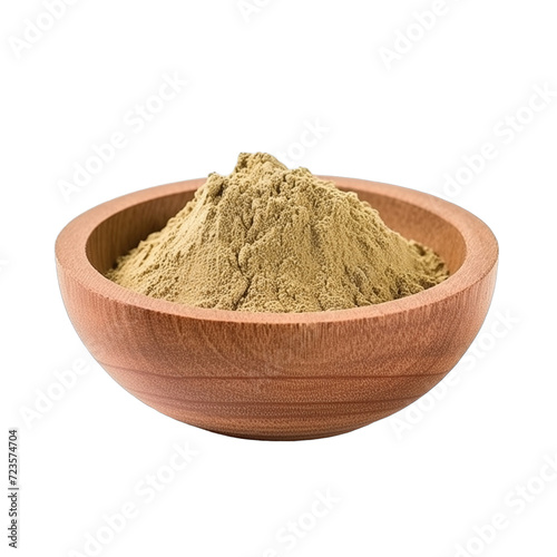 pile of finely dry organic fresh raw vetiver powder in wooden bowl png isolated on white background. bright colored of herbal, spice or seasoning recipes clipping path. selective focus photo