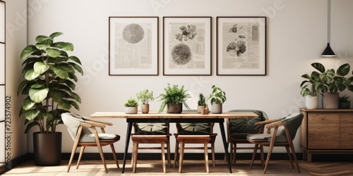 Modern home decor featuring a stylish dining room with a cozy interior, including a wooden table, chairs, plants, velvet sofa, poster map, and elegant accessories.