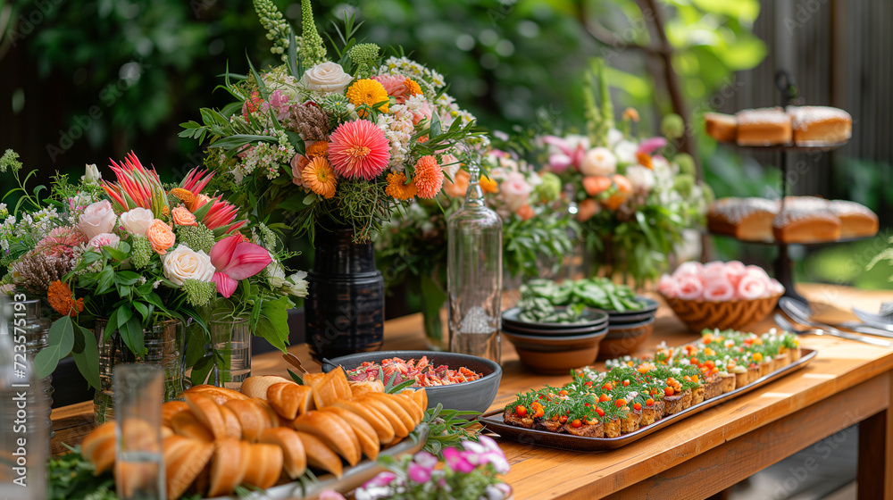 beautifully arranged buffet with fresh flowers and a variety of delicious foods, set on a wooden table, perfect for a garden event