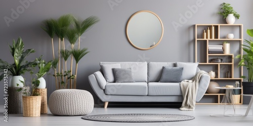 Modern home decor with grey sofa, pouf, basket, shelf, mirror, plants, carpet, pillows, and elegant accessories.