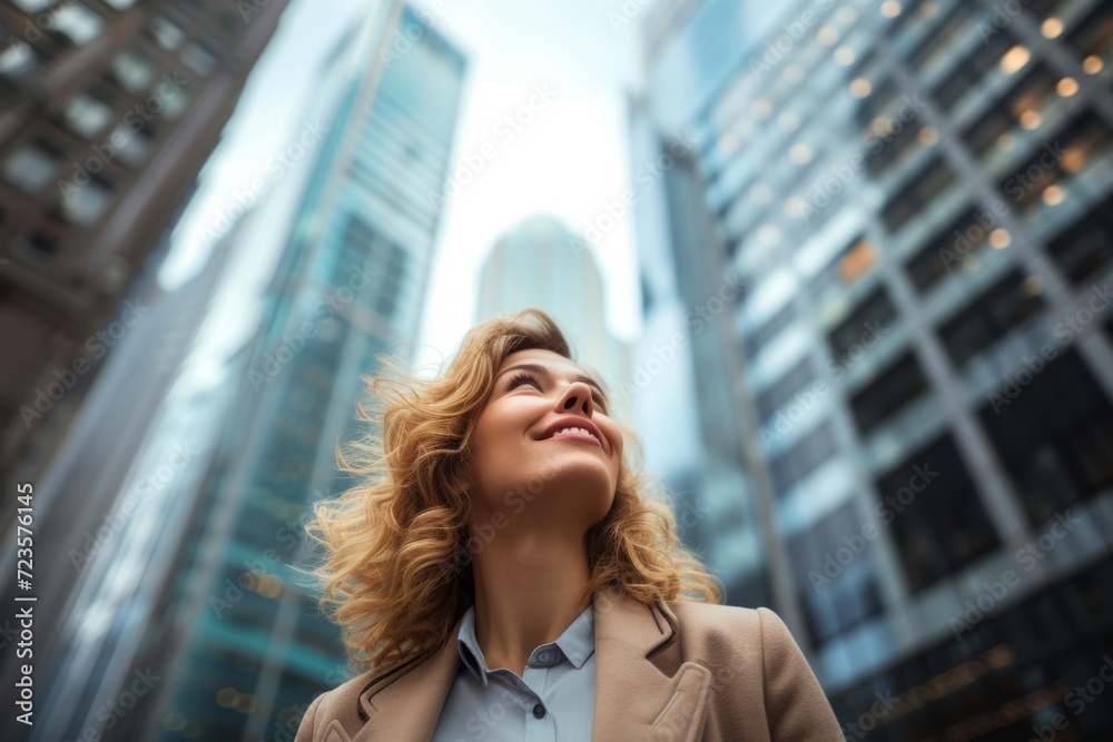 A young businesswoman stands in an urban setting and thinks of business opportunities.