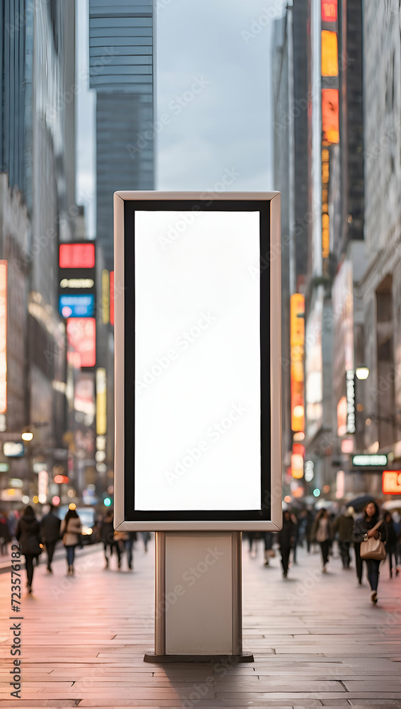 Mockup image of portrait billboard blank on street in city for advertisement or promotional poster event. Mockup image of portrait billboard blank on street in city for advertisement or promotional poster event.