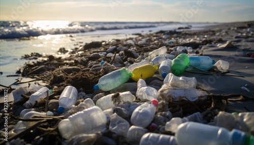 Beach and ocean plastic pollution. abandon plastic and garbage in the beach and ocean. Environment concept. 