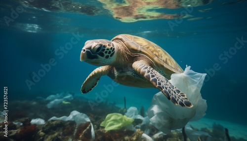Ocean plastic pollution. Sea turtle surrounded by abandon plastic and garbage in the ocean. Environment concept.