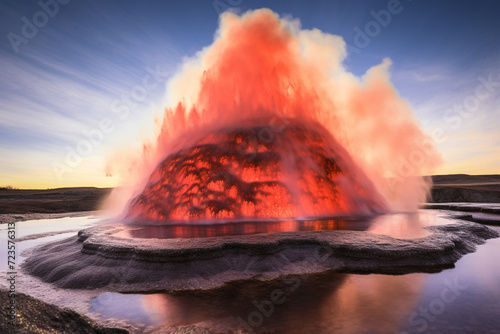 realistics eruption of a geyser in Iceland showcases a magnificent display of a towering water column, geothermal landscapes, and powerful forces of Earth
