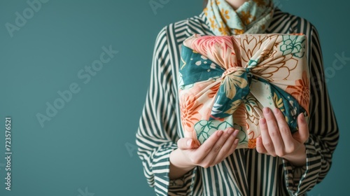 A gift wrapped in a patterned cloth in the traditional Japanese furoshiki style.