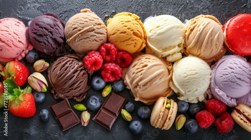 Various ice cream scoops in bowls with fruits and macarons on a dark surface, refreshing sweet summer dessert photo