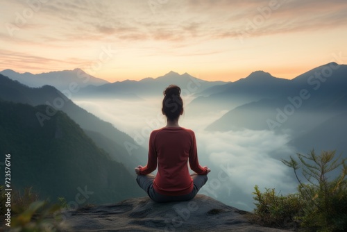 Young woman is meditating at the edge of the mountain
