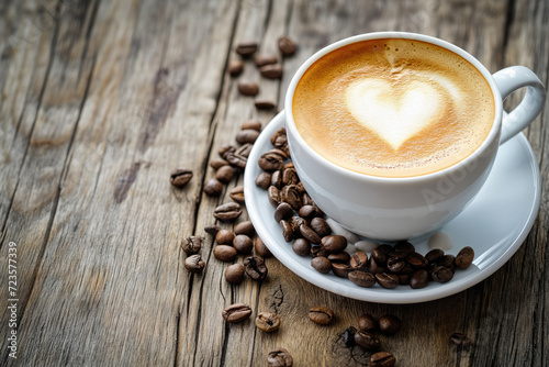 Coffee cup with heart shape latte art and coffee beans on old wood background with copy space