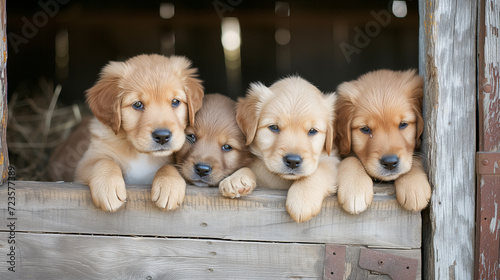 Four golden retriever puppies in a barn.