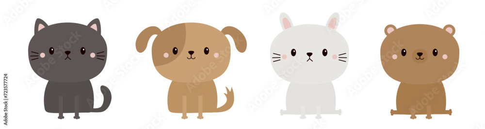 Cat kitten, dog puppy, bunny rabbit, bear icon set line. Round face. Cute cartoon kawaii pet baby animal funny character. Love card. Sticker print. Valentines day. Flat design. White background.