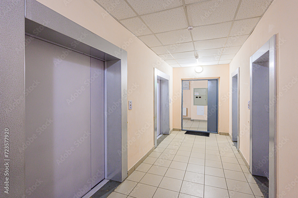 interior public place, house entrance. doors, walls, corridors staircase