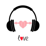 Headphones earphones. Word Love. Black silhouette. Headphone icon. Red music sound wave heart. Greeting card. Flat design. Isolated. White background.