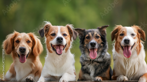 Four dogs on a fence with tongues out.