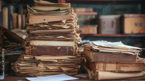 High stacks of aged paper and files.