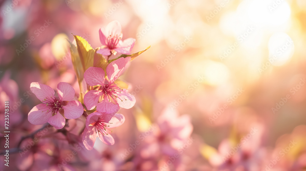 Cherry blossoms in soft sunlight, dreamy vibe.
