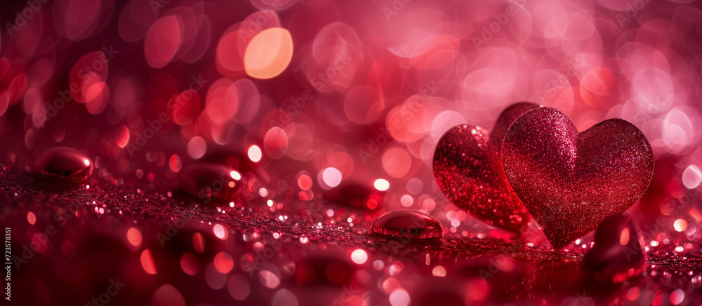 Two glittering hearts with a bokeh light effect.