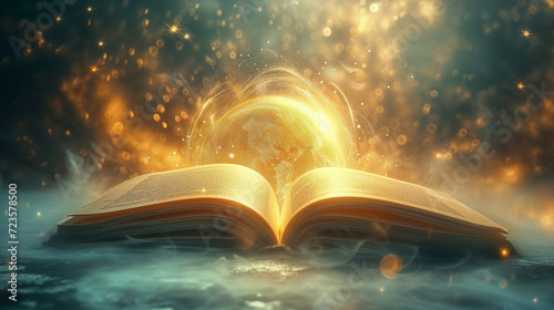 Enchanted book emitting a golden glow. photo