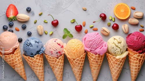 Assorted ice cream cones with toppings, pistachios, and cherries on a grey background.