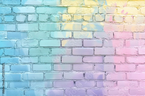  A full-frame image of a brick wall painted in a soft pastel rainbow gradient, ideal for backgrounds with a touch of color