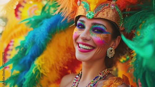 A carnival participant beams with a wide smile, surrounded by multicolored feathers, wearing a jeweled crown and face gems, epitomizing the spirit of Brazilian samba