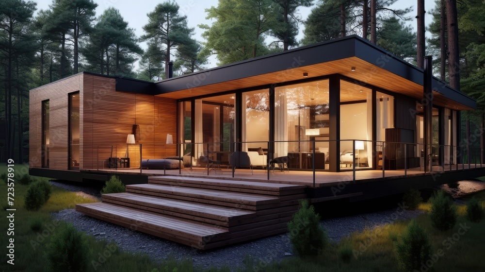 Minimalist resort style wooden house. Generative Ai