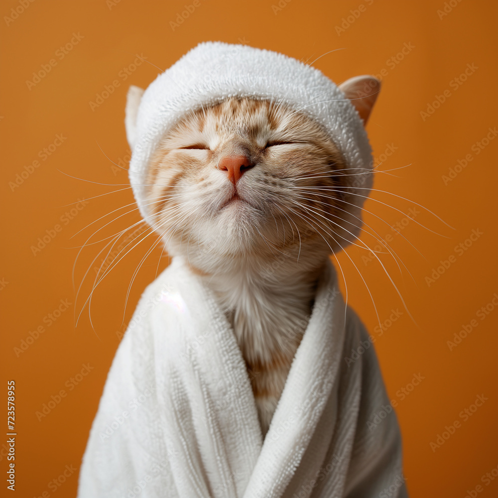 Happy cat smiling dressed in a white robe and a white towel on his head Happy cat smiling dressed in a white robe and a white towel on his head