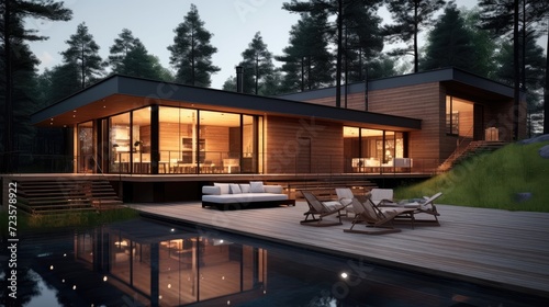 Minimalist resort style wooden house. Generative Ai