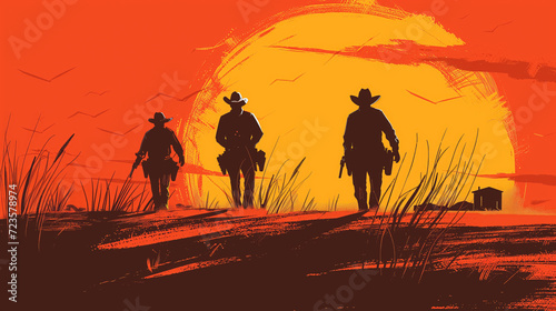 Cowboys silhouetted against a large sunset. photo