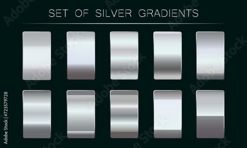 Collection of vector shiny and metallic aluminum gradients for chrome border, iron frame, ribbon or label design. Silver foil background.