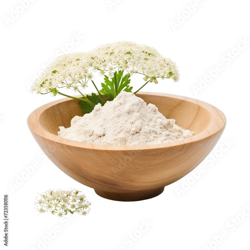pile of finely dry organic fresh raw yarrow flower powder in wooden bowl png isolated on white background. bright colored of herbal, spice or seasoning recipes clipping path. selective focus photo
