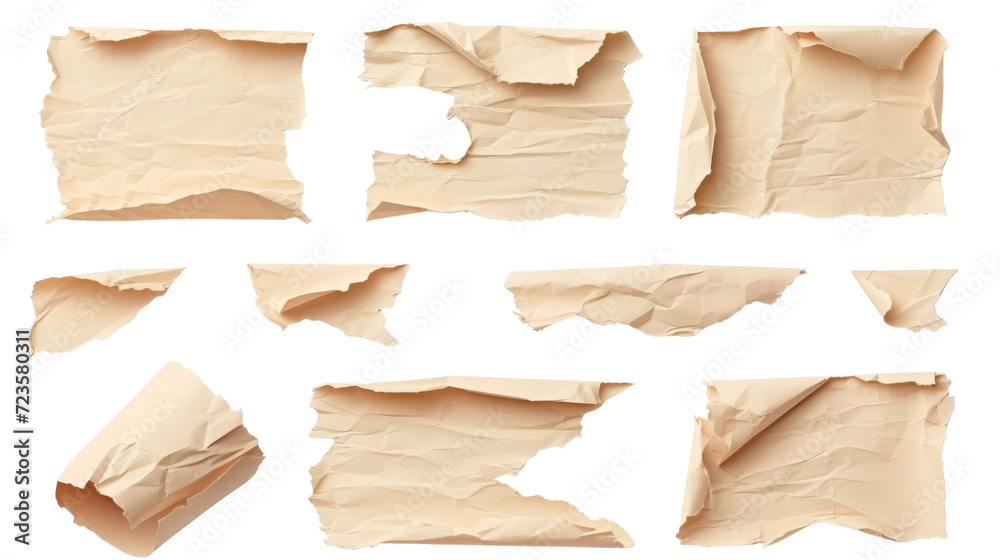 Various sizes of torn white paper pieces on a white background.