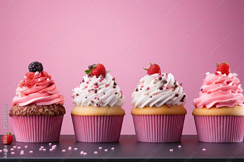 Five delicious cupcakes with different flavors and toppings