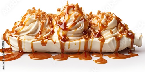 Sweet Caramel Sauce Pouring Over Delicious Ice Cream