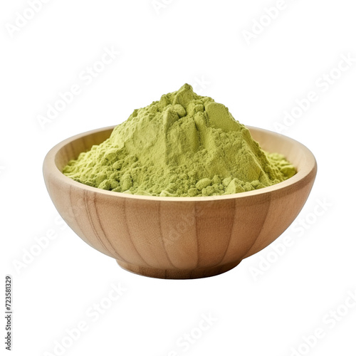 pile of finely dry organic fresh raw wasabi powder in wooden bowl png isolated on white background. bright colored of herbal, spice or seasoning recipes clipping path. selective focus photo
