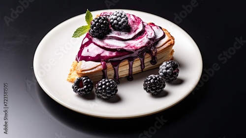 Delicious raspberry and blueberry cheesecake on a plate