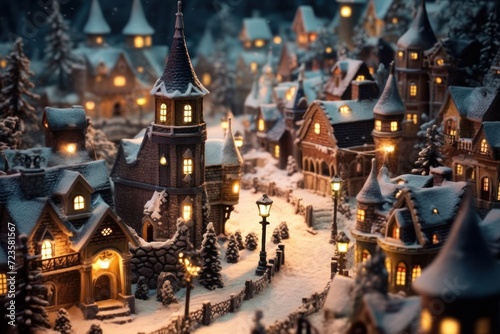 Miniature Christmas village houses and snowfall. Festive background.