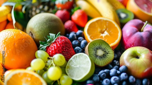 Close-up View of Colorful Assorted Fresh Fruits Including Strawberries  Oranges  and Grapes