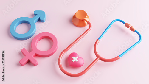 Female male symbol sex gender with stethoscope. pink blue pastel. impotence or sexual dysfunction consult a doctor and disease treatment. married couple or family relationship. 3D Illustration. photo