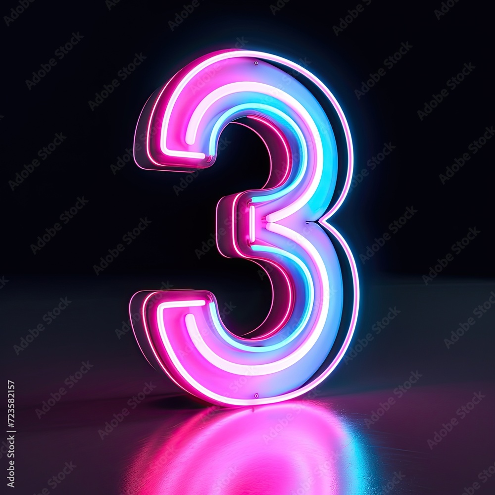 3d render, number three, pink blue gradient neon light glowing in the dark, Bright color, ultra realistic 3d render, number three, pink blue gradient neon light glowing in the dark, Bright color, ultra realistic