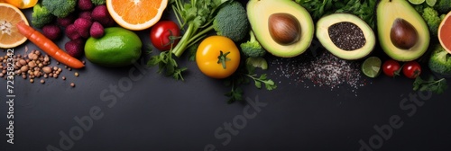 Healthy food concept. Fruits and vegetables on dark background. Top view with copy-space.
